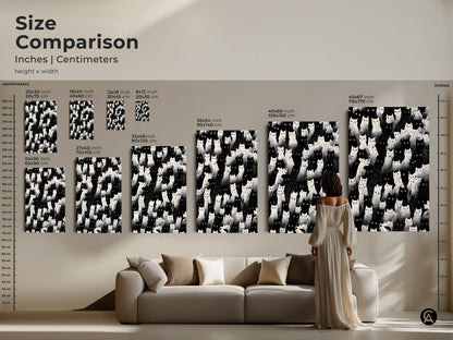 Size comparison of the eclectic cat artwork. See how the print scales in inches and centimeters. Visualize the art above a sofa to get a sense of size. This minimalist animal decor is perfect for any room. It's an ideal cat mom gift that adds a touch of modern elegance.