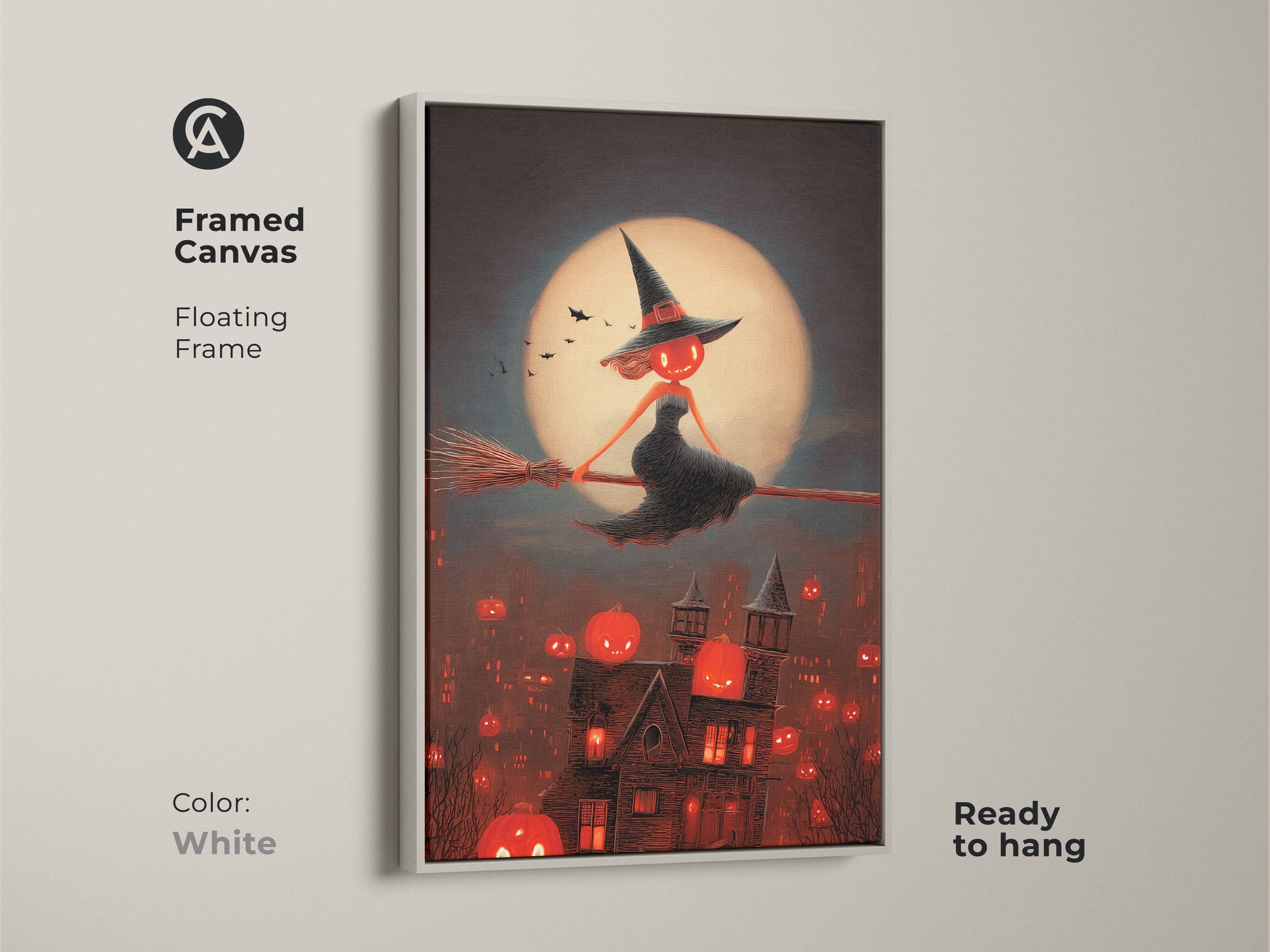 Framed canvas with a white floating frame. Halloween witch art evokes spooky gothic vibes.  This jack-o-lantern town print adds a dark fantasy touch.  Ready to hang for easy display. Great Halloween art for your wall.