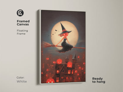 Framed canvas with a white floating frame. Halloween witch art evokes spooky gothic vibes.  This jack-o-lantern town print adds a dark fantasy touch.  Ready to hang for easy display. Great Halloween art for your wall.