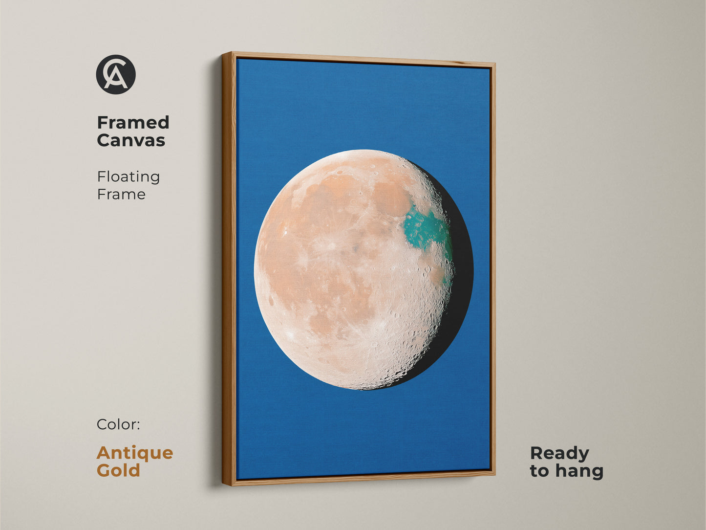Framed canvas showcasing abstract planet artwork in an antique gold frame. The celestial moon decor is set against a vibrant blue backdrop. This orange teal space wall art has a surreal minimalist style. Ready to hang art.