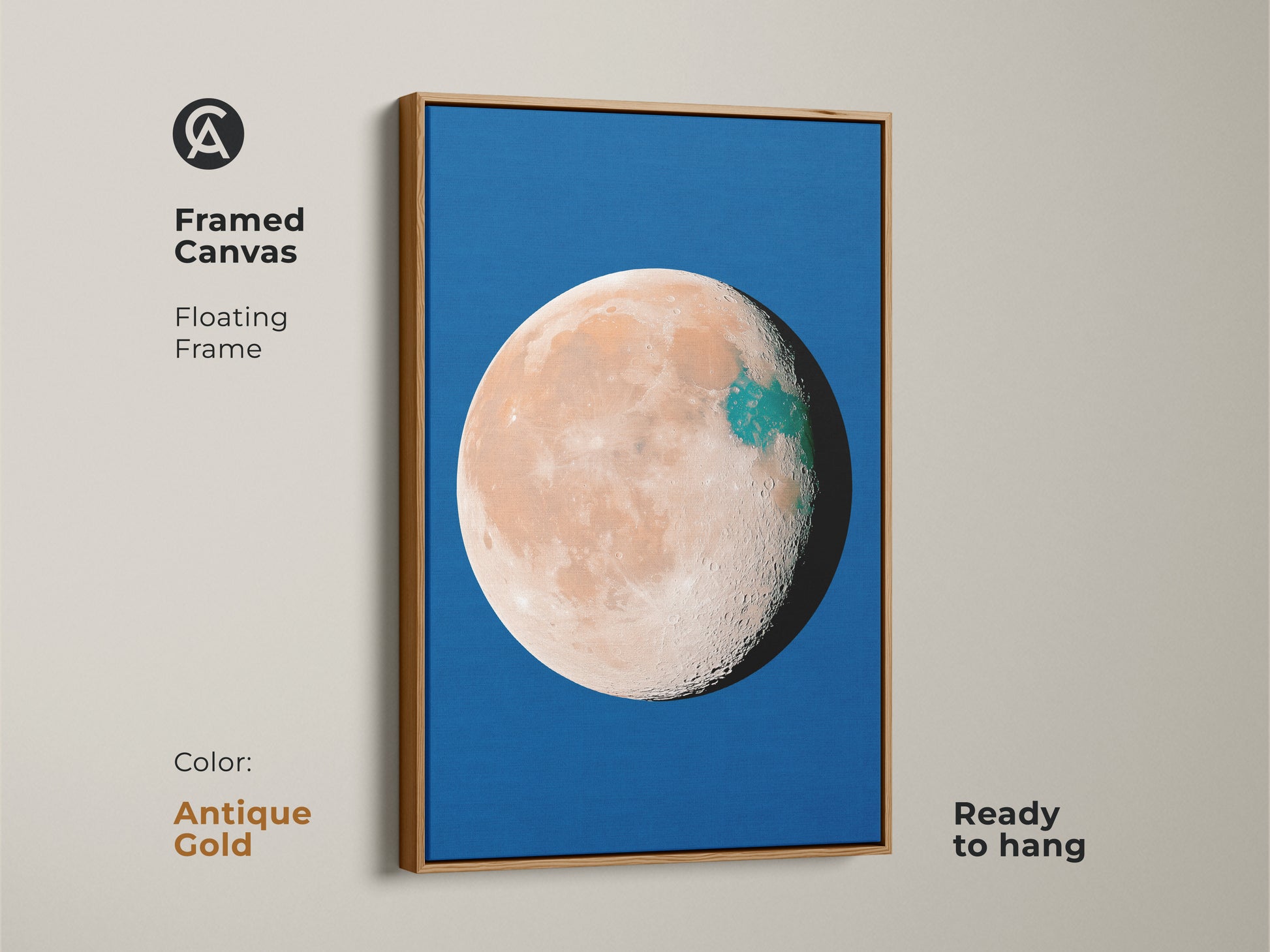 Framed canvas showcasing abstract planet artwork in an antique gold frame. The celestial moon decor is set against a vibrant blue backdrop. This orange teal space wall art has a surreal minimalist style. Ready to hang art.