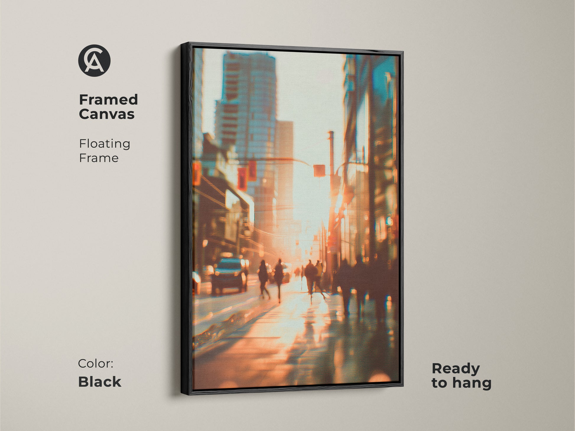 Framed canvas artwork depicting a blurred city scene. The black floating frame adds a touch of elegance. Ready to hang this piece is a stylish addition to any home or office. A modern artwork that captures the essence of city life.
