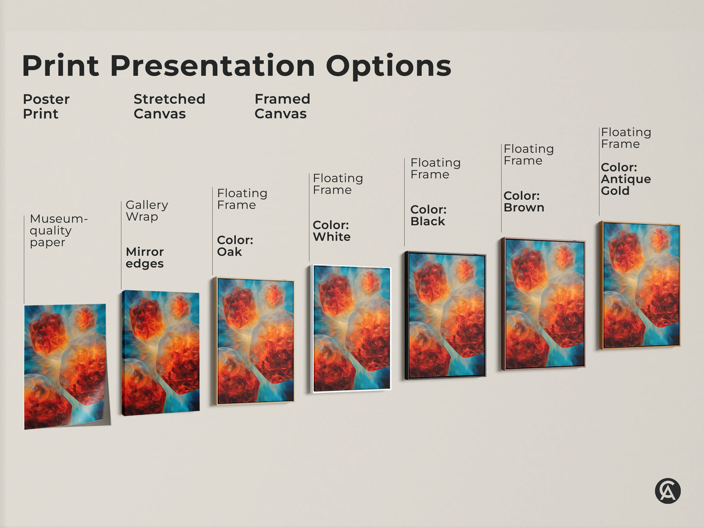 Explore print presentation options for abstract geometric artwork. Choose from poster prints stretched canvas or framed canvas. Each features teal blue orange tones. Find options with museum quality edges gallery wrap and floating frames in black brown white or antique gold. Perfect art lover gifts.