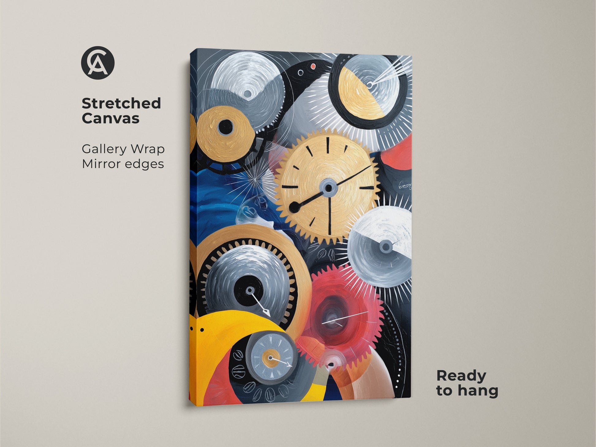 Close-up of a stretched canvas featuring abstract mechanical artwork. Gold clock gears and geometric shapes are visible. The gallery wrap with mirrored edges makes it ready to hang for steampunk inspired decor.