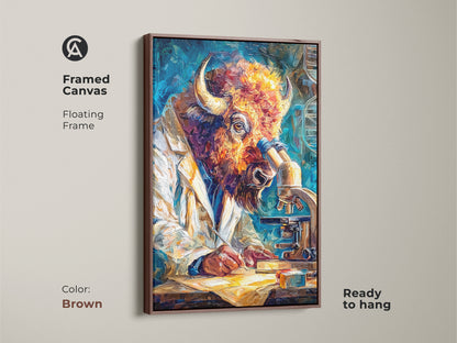 A brown framed canvas features a buffalo scientist using a microscope. A floating frame adds elegance. It is ready to hang. This art combines nature and scientific curiosity. The warm tones of the frame complement the artwork's colors. This is a unique and eye-catching addition to any room.