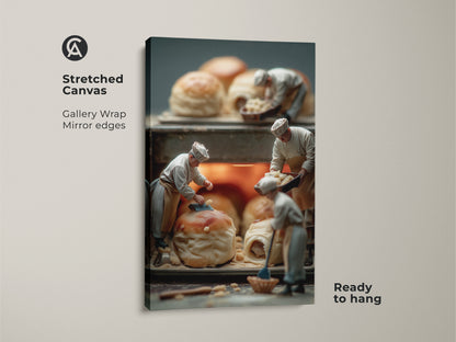 Stretched canvas art print of miniature chefs preparing pastries. The canvas has gallery wrapped edges that offer a clean modern look. The artwork is ready to hang creating a seamless display. It's a delightful addition to any art collection enhancing the space.