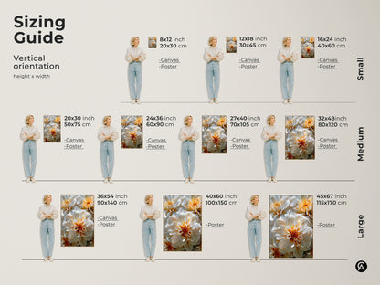 Sizing guide for vertical floral canvas and poster prints. Find the perfect fit for your space. Available in small medium and large sizes. Visualize how the floral artwork will look in your home with this handy guide.