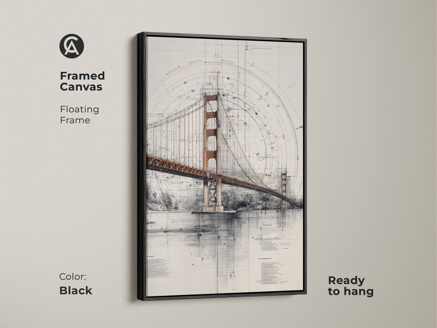 Framed canvas of the Golden Gate Bridge blueprint art in a black floating frame. This architectural technical drawing wall art is ready to hang. This canvas print is ideal for industrial or modern home styles. A sophisticated choice for detailed art.