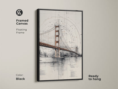 Framed canvas of the Golden Gate Bridge blueprint art in a black floating frame. This architectural technical drawing wall art is ready to hang. This canvas print is ideal for industrial or modern home styles. A sophisticated choice for detailed art.