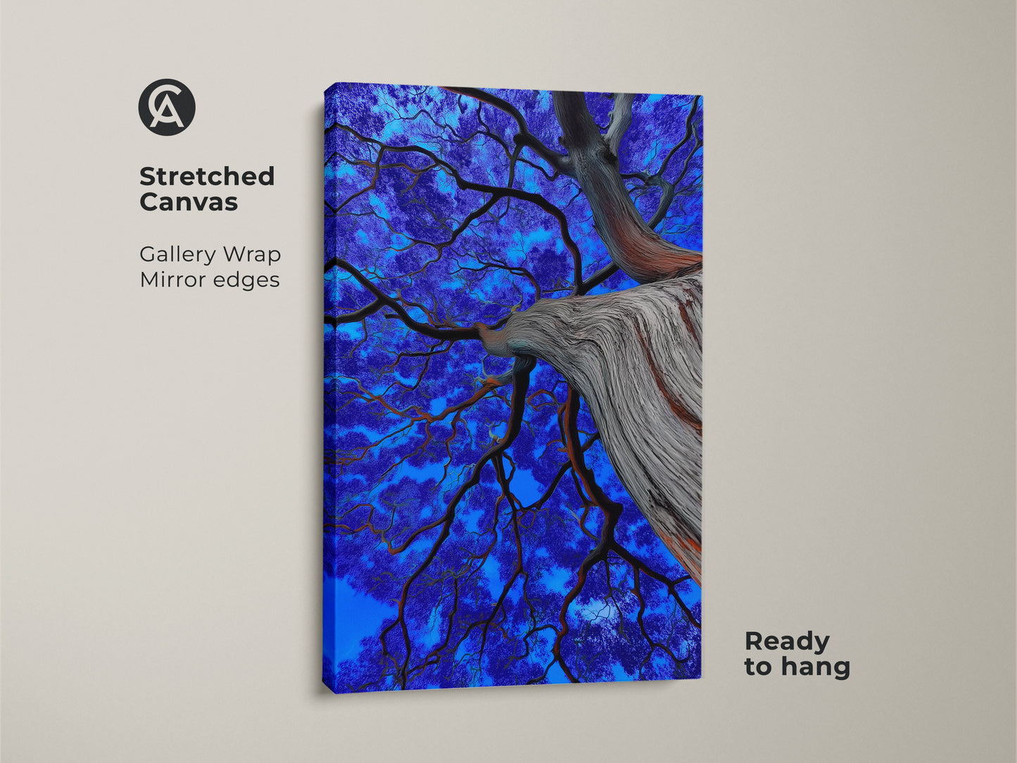 Close-up of a surreal nature art print. The electric blue tree branches form a captivating abstract. This botanical artwork is ready to hang on a stretched canvas. Gallery wrapped with mirrored edges. It's a vibrant addition to any room.