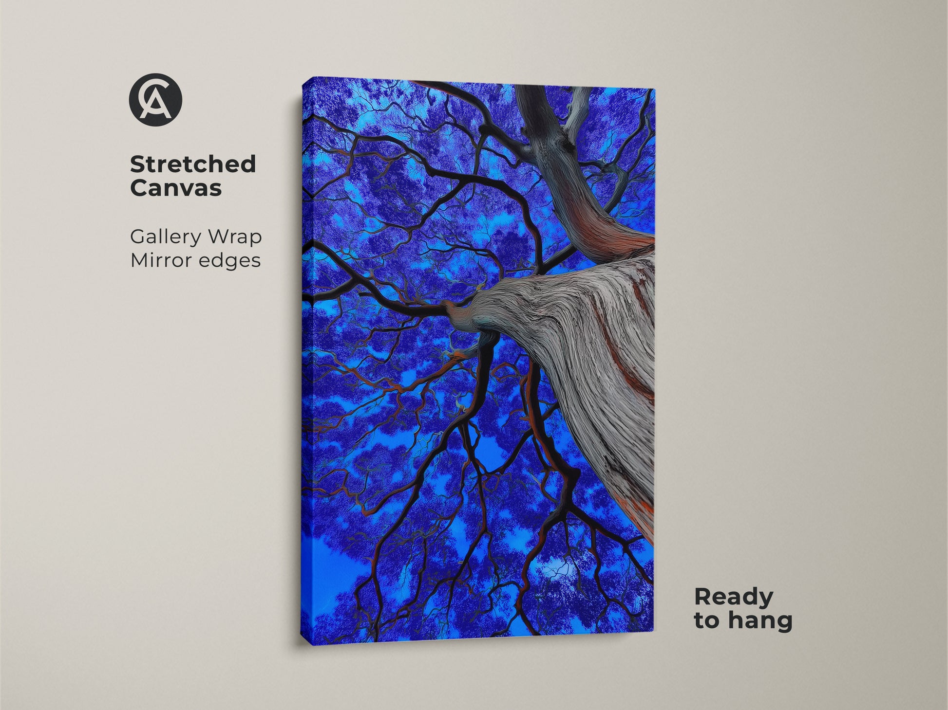 Close-up of a surreal nature art print. The electric blue tree branches form a captivating abstract. This botanical artwork is ready to hang on a stretched canvas. Gallery wrapped with mirrored edges. It's a vibrant addition to any room.