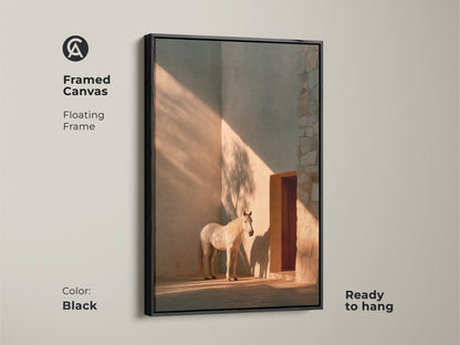 Framed canvas in black showcasing minimalist horse wall art. Warm ochre tones highlight this photorealistic horse print. The floating frame enhances modern entry hall decor. An equestrian gift for her that is ready to hang. Light and shadow give a chic look. Perfect for contemporary horse art.