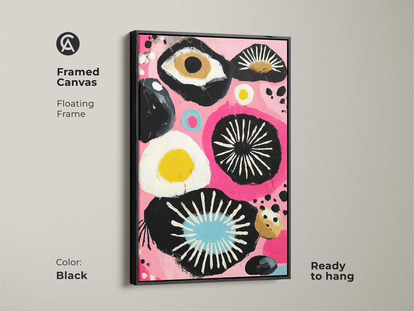 Framed canvas in black showcasing a vivid pink abstract painting. Floating frame enhances this modern home decor art piece. Contemporary art print adds an artistic touch to your room.
