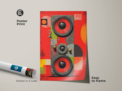 This poster print features retro speaker artwork rolled in a tube. This abstract sound waves print offers easy framing. The pop art music canvas with geometric speaker art in red orange and green is perfect for music enthusiasts.