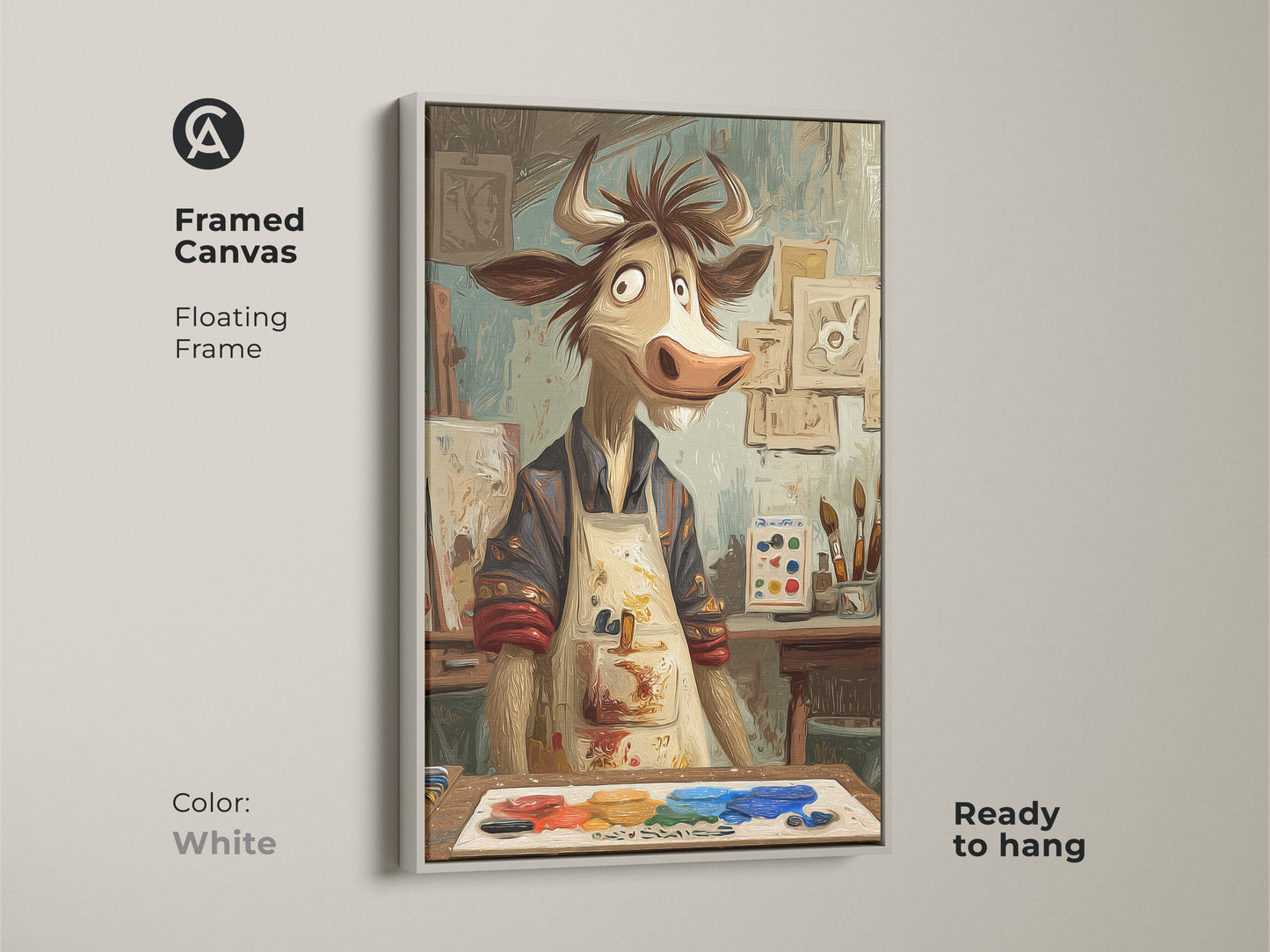 Framed canvas of a cartoon cow artist with a white floating frame. Ready to hang expressive animal wall art for a studio or office. Funny animal art shows a cow painter with a palette and easel. The artwork adds a unique and artistic touch. Perfect for eclectic home decor.
