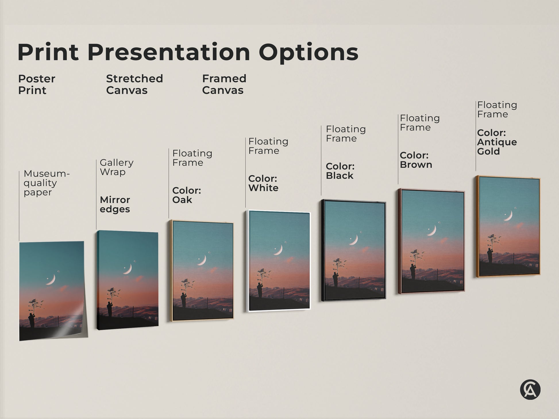 Print presentation options for surreal space artwork. Choose from poster print stretched canvas or framed canvas. Various floating frame colors are available. Select museum quality paper or gallery wrap. Find the perfect celestial landscape wall art for your space.