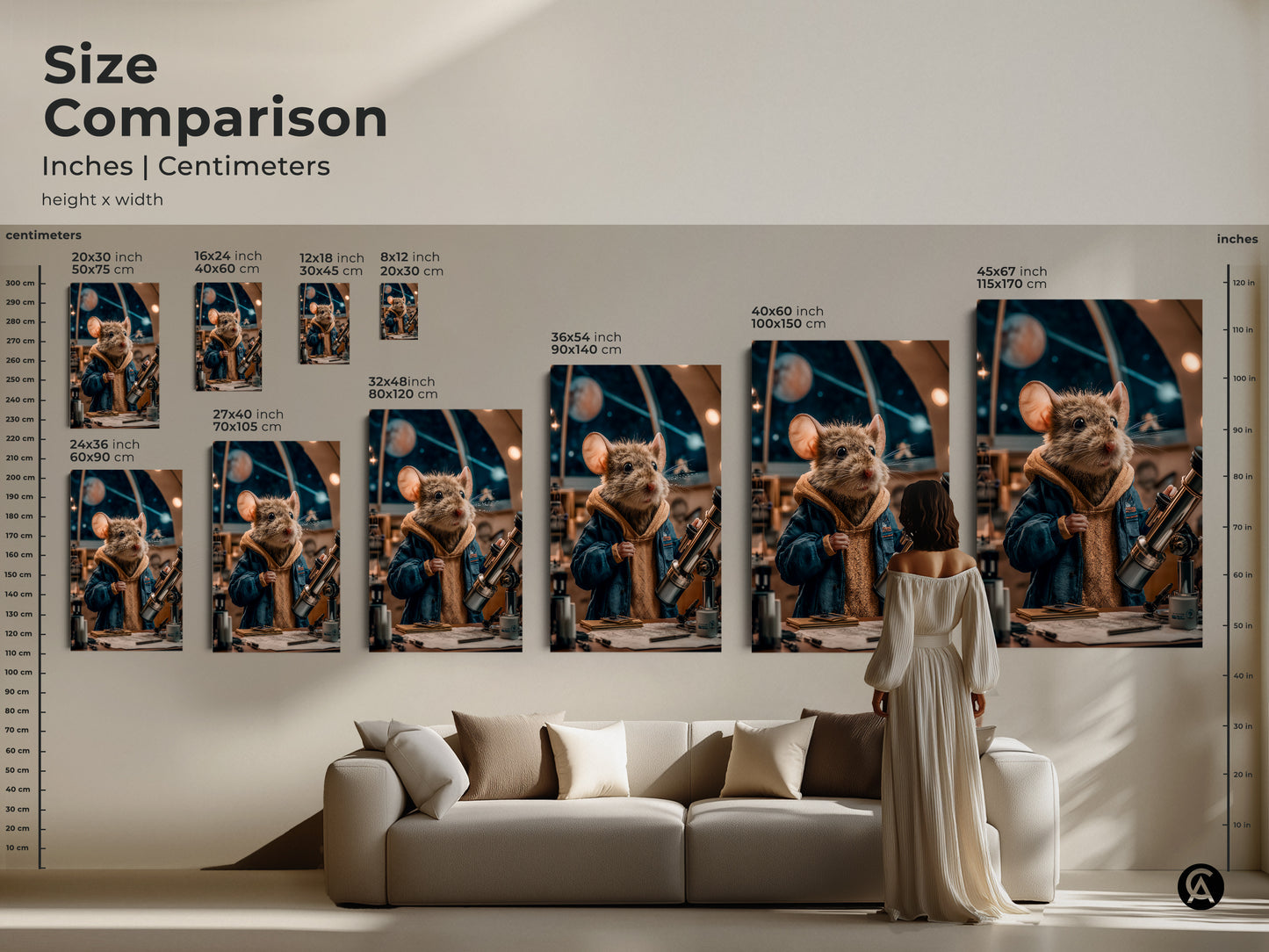 This size comparison shows the inches and centimeters of the canvas. The mouse astronomer artwork fits well above a couch. This art makes a great statement piece in any home. See how the sizes compare within a living space.