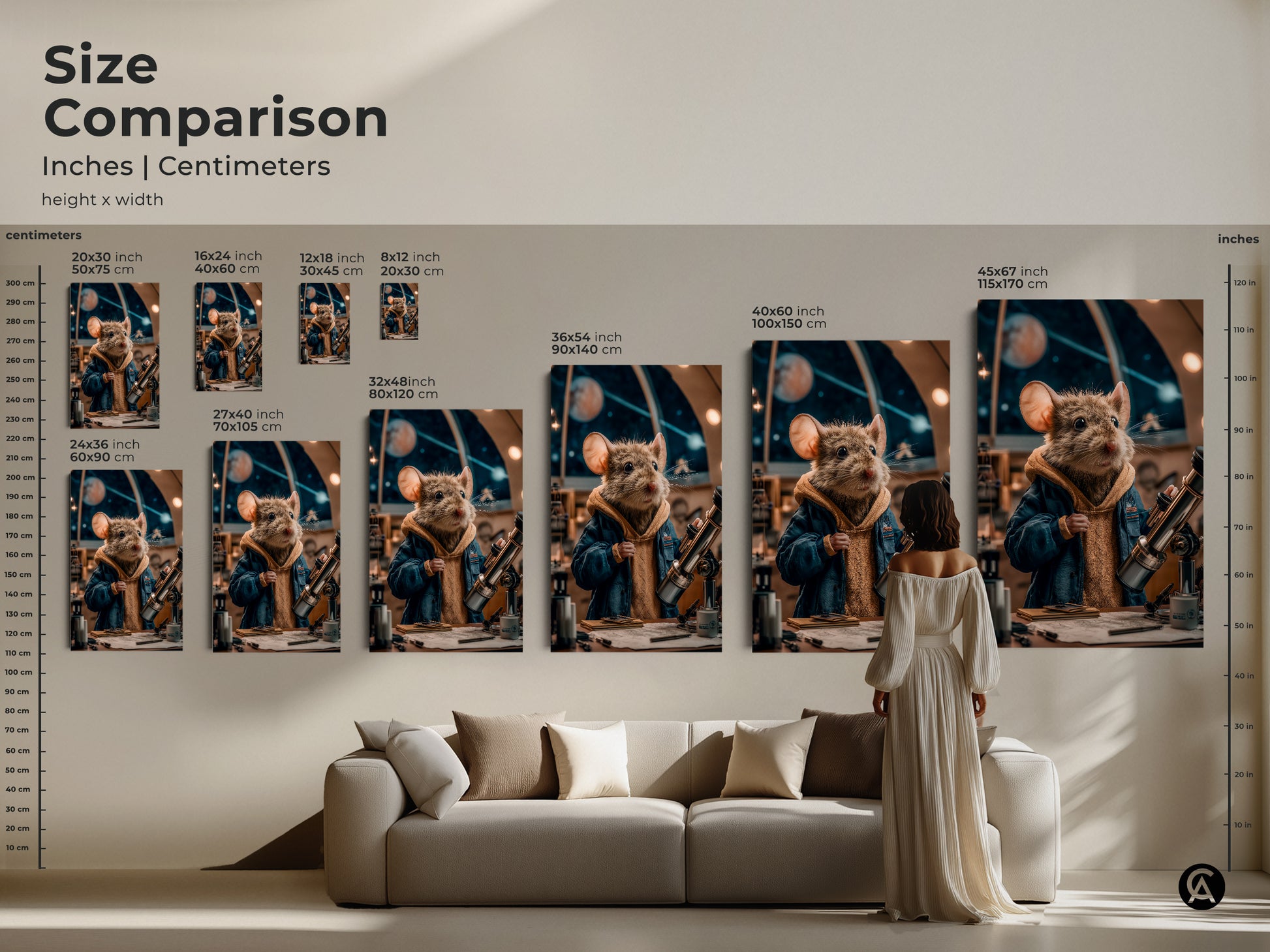 This size comparison shows the inches and centimeters of the canvas. The mouse astronomer artwork fits well above a couch. This art makes a great statement piece in any home. See how the sizes compare within a living space.