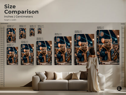 This size comparison shows the inches and centimeters of the canvas. The mouse astronomer artwork fits well above a couch. This art makes a great statement piece in any home. See how the sizes compare within a living space.