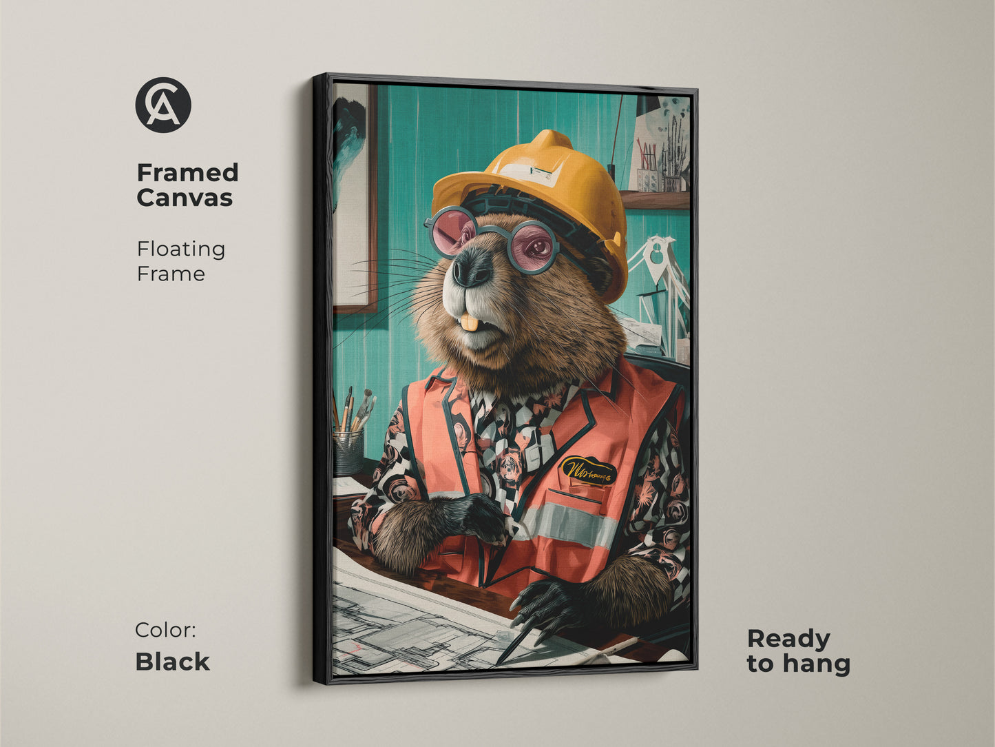 Framed canvas art featuring a beaver engineer in a black floating frame. Ready to hang as a unique birthday gift for him. A creative workplace decor choice for engineers. This animal blueprint drawing adds character.