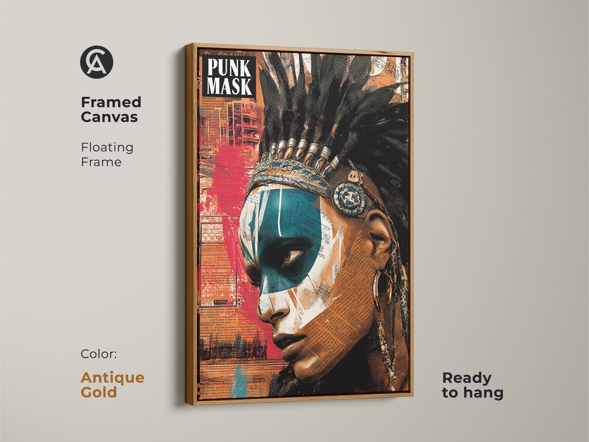 Framed canvas displaying an abstract collage art print of a Native American Woman. The artwork merges a powerful portrait with collage elements and a feather headdress. The frame is antique gold. Ready to hang. A unique birthday gift for art lovers. A distinctive addition to eclectic home decor.