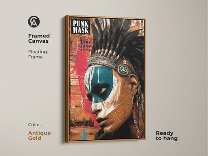 Framed canvas displaying an abstract collage art print of a Native American Woman. The artwork merges a powerful portrait with collage elements and a feather headdress. The frame is antique gold. Ready to hang. A unique birthday gift for art lovers. A distinctive addition to eclectic home decor.