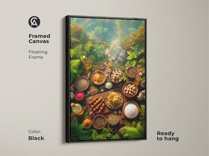 Framed in black this canvas artwork showcases an array of spices and ingredients. The floating frame enhances the jungle backdrop. This ready-to-hang piece adds a touch of natural elegance to your home. The culinary-themed artwork brings warmth to any room. Explore this unique wall art for your decor.
