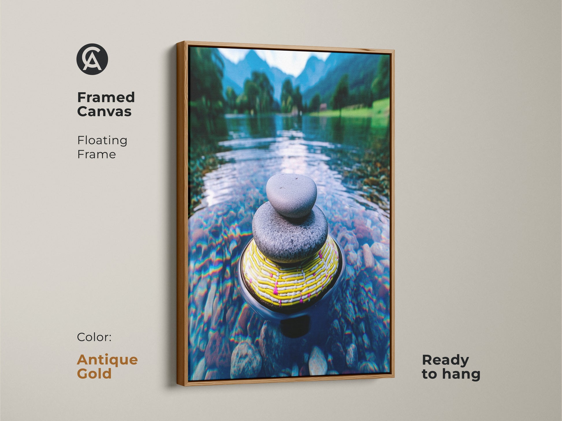Framed in antique gold this canvas print captures tranquil Zen stones. This minimalist nature canvas comes ready to hang with a floating frame. The blue green mountain artwork is a river landscape piece. A perfect meditation gift.