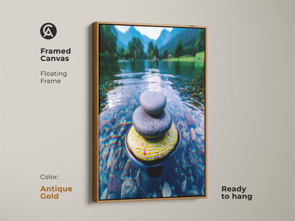 Framed in antique gold this canvas print captures tranquil Zen stones. This minimalist nature canvas comes ready to hang with a floating frame. The blue green mountain artwork is a river landscape piece. A perfect meditation gift.