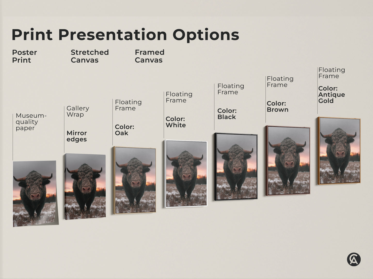 Explore print presentation options for rustic bull art. Choose from poster prints stretched canvas and framed canvas. Find the perfect style for your wildlife animal home decor. Options include gallery wrap floating frame and museum-quality paper. Enhance your space with brown gray pink art.