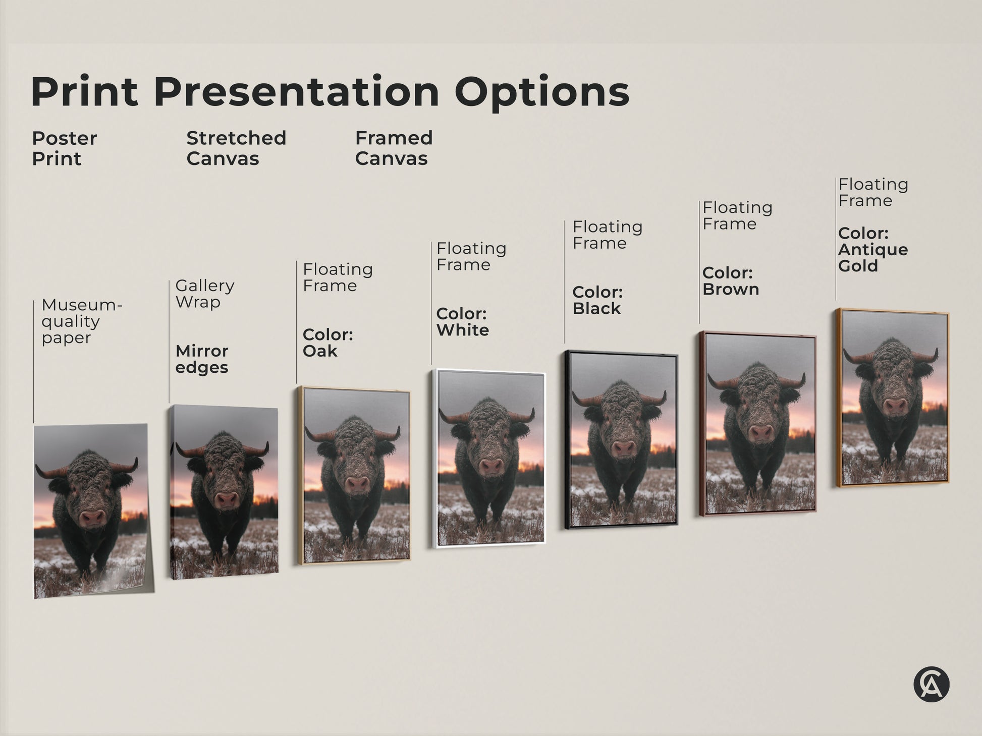 Explore print presentation options for rustic bull art. Choose from poster prints stretched canvas and framed canvas. Find the perfect style for your wildlife animal home decor. Options include gallery wrap floating frame and museum-quality paper. Enhance your space with brown gray pink art.