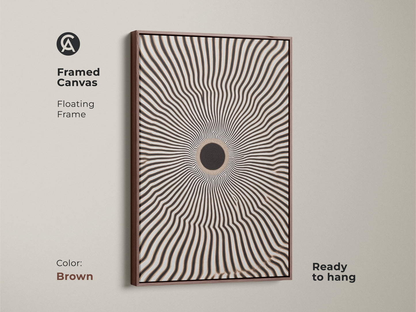 Framed canvas featuring a captivating geometric artwork. The floating frame enhances the black and white radial burst. It is ready to hang. The brown frame complements minimalist home decor. Add a modern touch to any room.