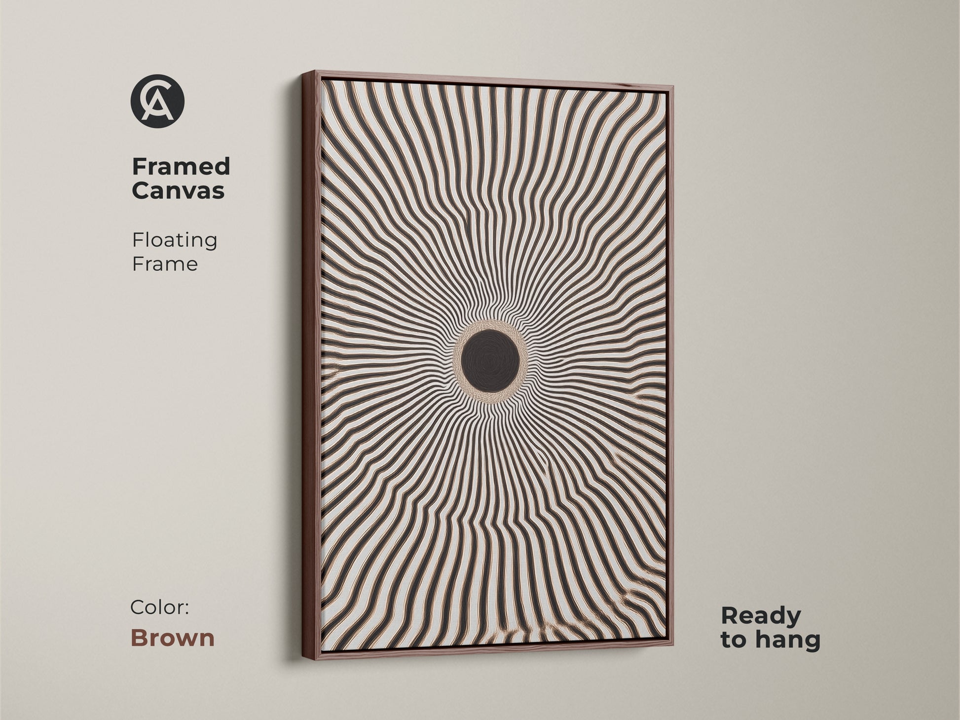 Framed canvas featuring a captivating geometric artwork. The floating frame enhances the black and white radial burst. It is ready to hang. The brown frame complements minimalist home decor. Add a modern touch to any room.