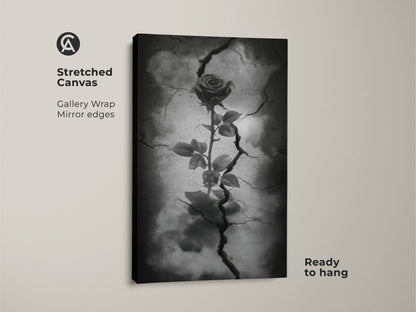 Stretched canvas of gothic rose artwork. The dark floral artwork shows a rose from cracked earth. This surreal botanical art is in black white and gray. Ready to hang this piece enhances gothic decor. Consider it a symbolic rose art for eclectic home decor or a unique anniversary gift for her.
