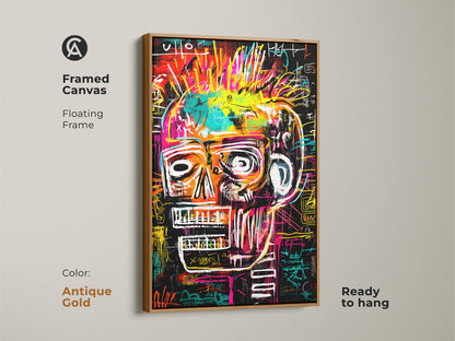 Framed canvas print of a Basquiat-style skull. The art is set in an antique gold floating frame. This unique piece adds a vintage touch. The artwork is ready to hang. It combines classic elegance with modern edge.