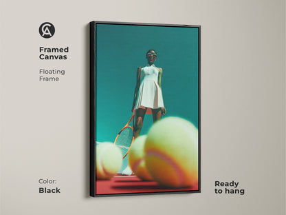 Framed canvas artwork of a female tennis player in a white dress. The floating frame is black. She stands confidently on a red court with tennis balls. The artwork is ready to hang. Elevate your décor with this stylish framed canvas print. A perfect blend of sport and art.