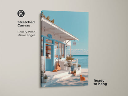 Stretched canvas showcasing a charming beach cafe art piece. The gallery wrap offers mirror edges for a seamless look. An orange cat and guitar add character to the scene. This ready-to-hang artwork brings coastal tranquility home.