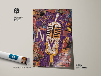 This poster print displays a retro microphone in an abstract collage. It is rolled in a tube for easy framing. The purple and yellow sound wave motif adds an eclectic touch. Ideal as a unique music gift or retro studio decor. Elevate your space with this vibrant artwork.