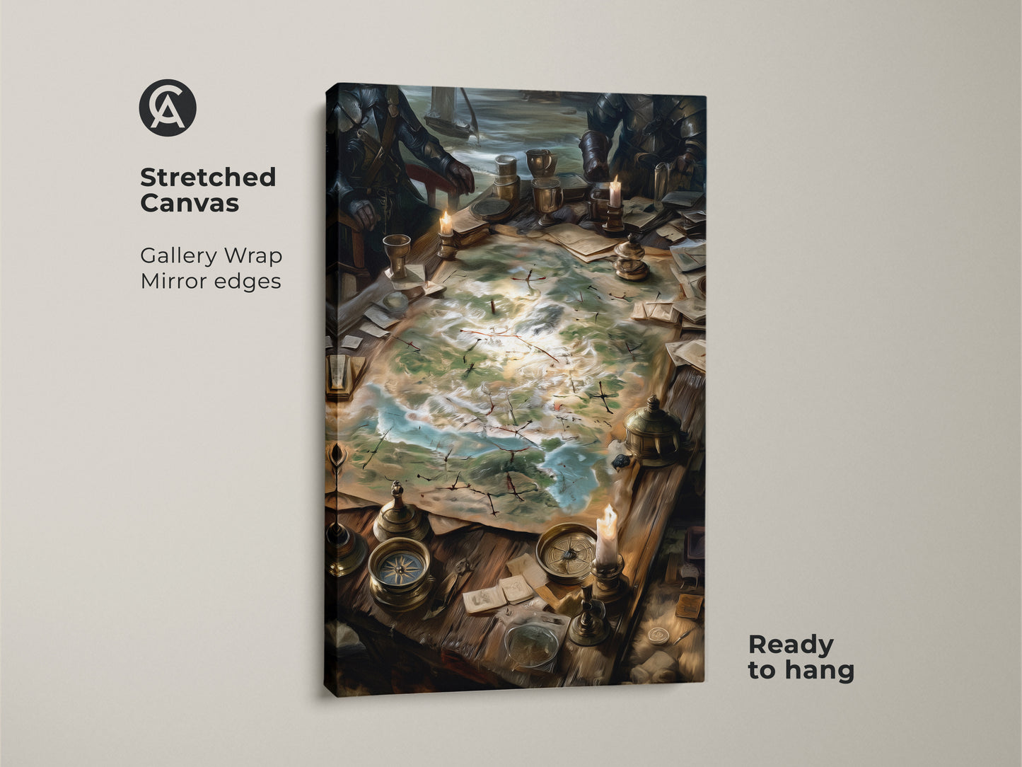 Stretched canvas print showing a fantasy strategy session. The artwork showcases a map on a table surrounded by leaders. The canvas art is gallery wrapped with mirrored edges. The art print is ready to hang and will enhance any room's aesthetic.