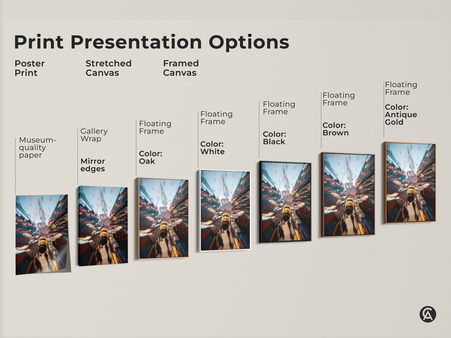 Print presentation options showing poster prints stretched canvas and framed canvas. Each features the bee art. Choose the perfect style to match your home decor. Transform your space with nature-inspired art.