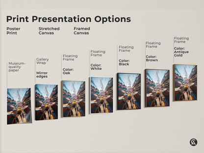 Print presentation options showing poster prints stretched canvas and framed canvas. Each features the bee art. Choose the perfect style to match your home decor. Transform your space with nature-inspired art.