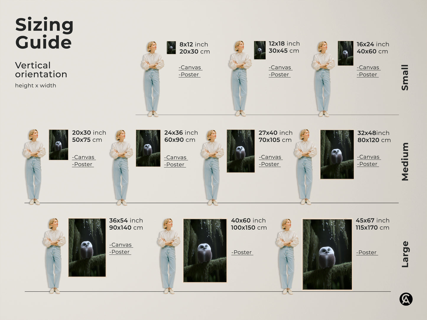 Sizing guide for the cute forest owl art print. Available in various sizes this artwork fits any space. Find the perfect size for your woodland nursery decor or cozy bedroom art. A nature lover gift idea to personalize your home with nature's charm