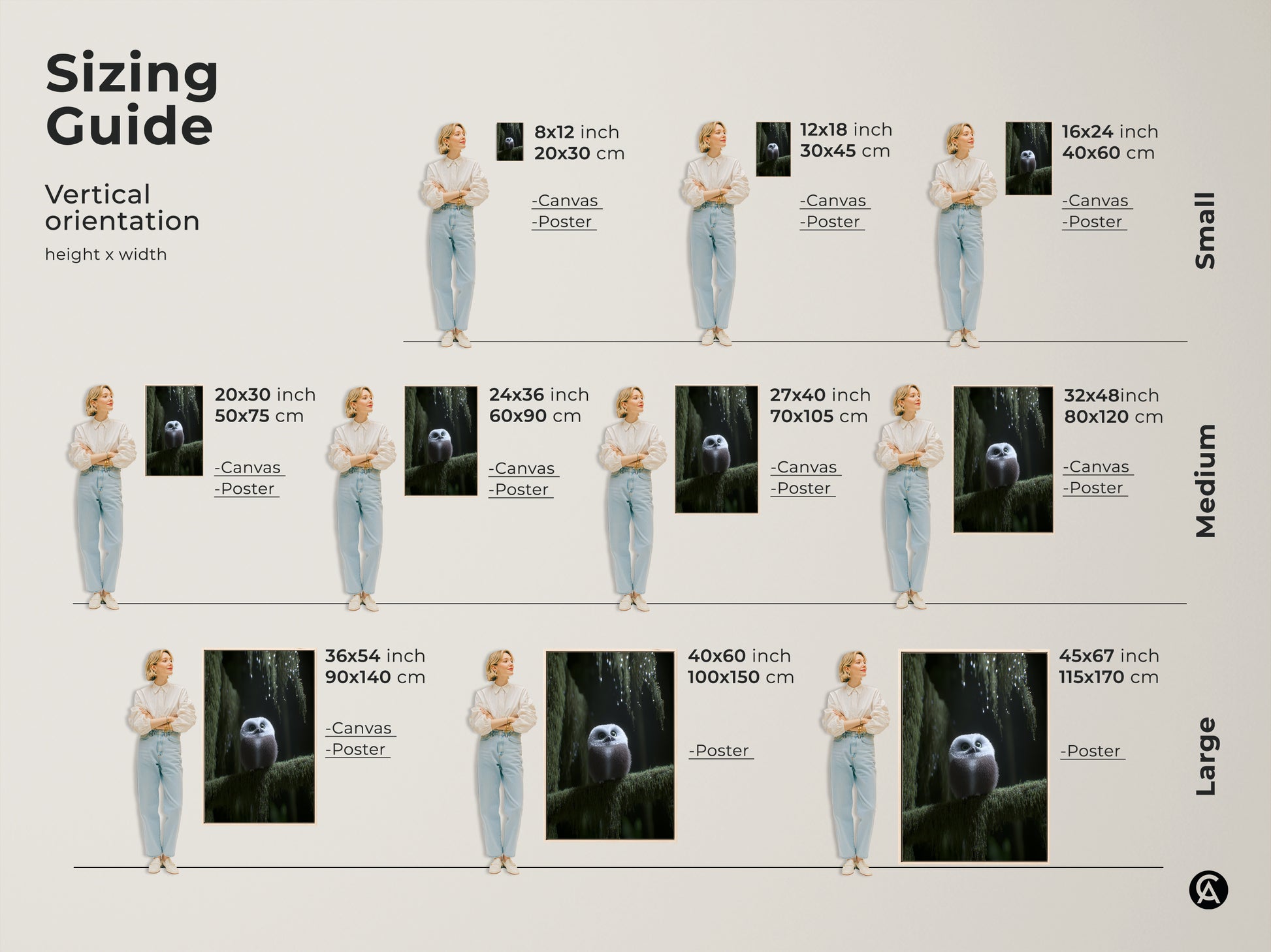 Sizing guide for the cute forest owl art print. Available in various sizes this artwork fits any space. Find the perfect size for your woodland nursery decor or cozy bedroom art. A nature lover gift idea to personalize your home with nature's charm