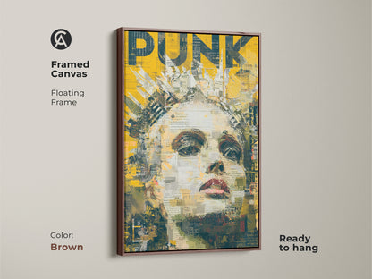 This framed artwork features a woman with a crown. The art style has a Punk aesthetic. The artwork includes the word PUNK in bold yellow text. The frame color is brown. This canvas is ready to hang.