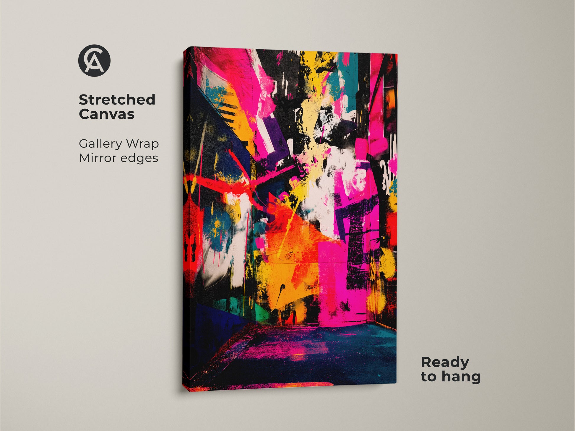 Vibrant abstract art printed on stretched canvas. This gallery wrapped canvas features mirrored edges. The modern artwork is ready to hang. The painting showcases bold colors like pink yellow and blue. Enhance your home decor with this eye-catching canvas art print. It's a contemporary art piece.