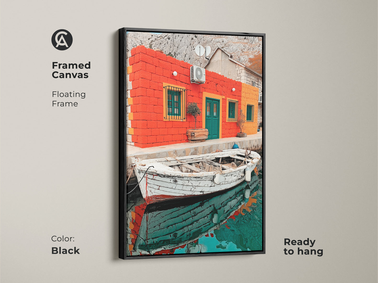 The framed canvas features Mediterranean coastal artwork of an orange and teal house by the water. This travel lover gift brings a vibrant touch to any room. The wall art enhances any space.