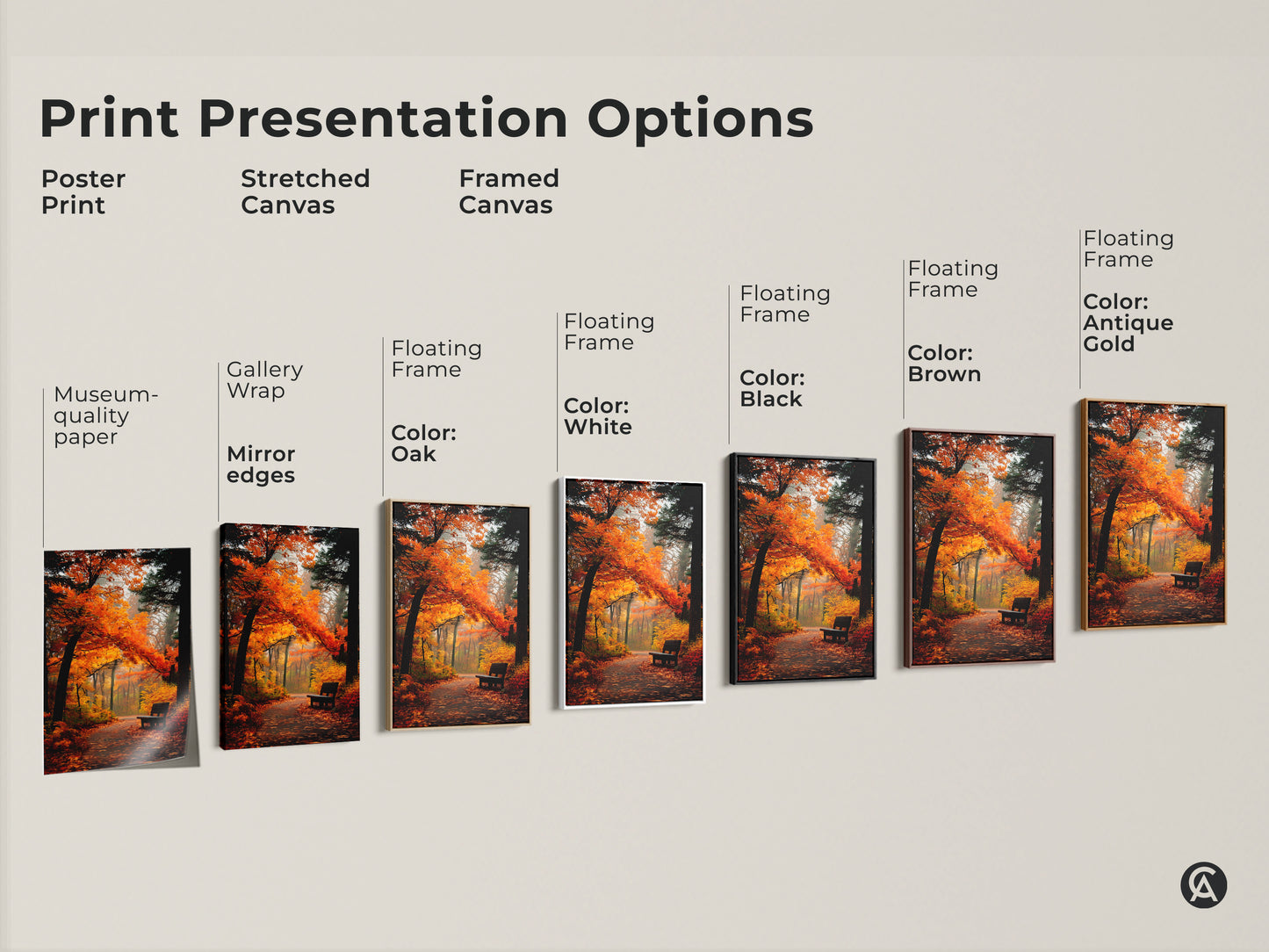 Explore print presentation options for this stunning autumn park scene. Choose from poster stretched or framed canvas styles. Select a floating frame in black brown antique gold or white. Each option showcases the vibrant orange trees and peaceful bench in unique ways. Find the perfect art for your space.