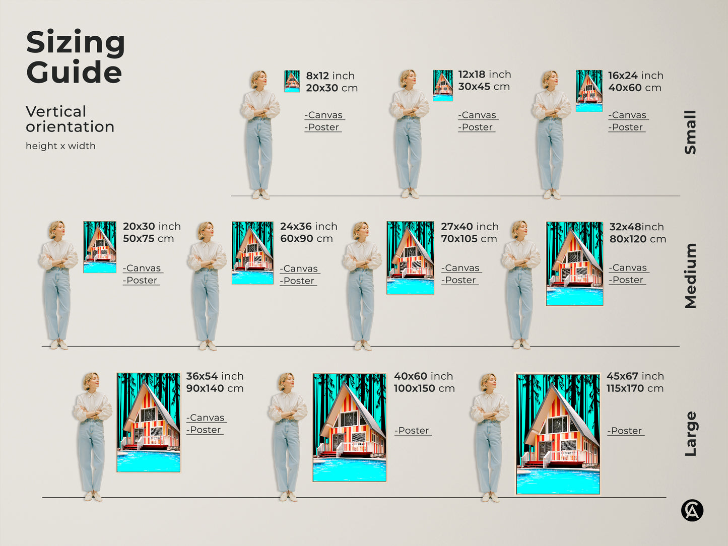 Sizing guide for retro A-frame cabin canvas and poster prints. Visualize small medium and large vertical orientation artwork. Transform your space with this Mid-Century Modern poolside scene in multiple sizes. Perfect for eclectic interior decor.