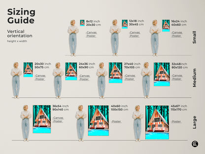 Sizing guide for retro A-frame cabin canvas and poster prints. Visualize small medium and large vertical orientation artwork. Transform your space with this Mid-Century Modern poolside scene in multiple sizes. Perfect for eclectic interior decor.