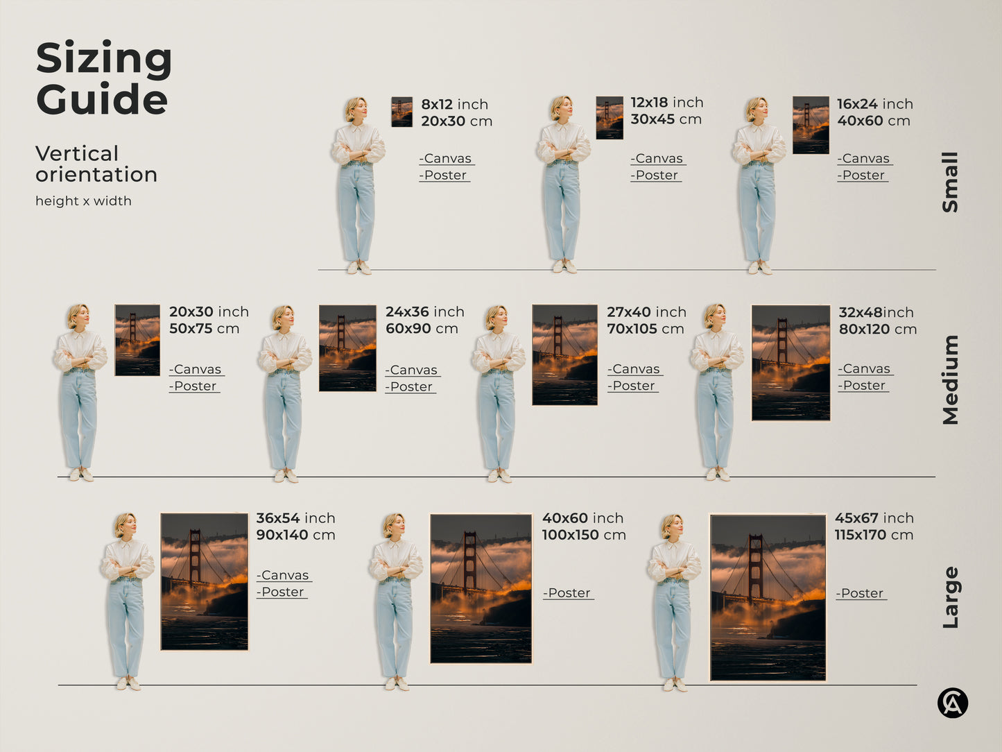 Sizing guide for the Golden Gate Bridge artwork. Visualize the art in different sizes from small to large. Available in canvas and poster prints for any space.